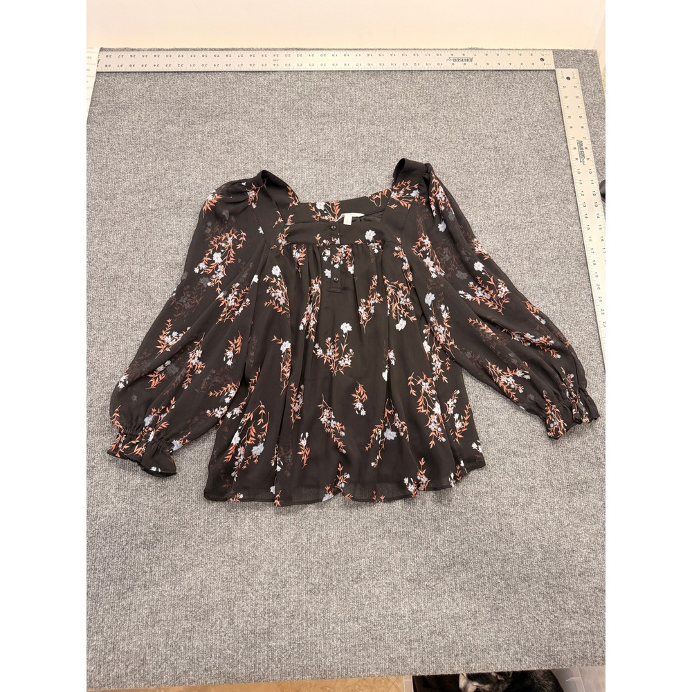 LC Lauren Conrad Floral Blouse Womens Large Black Square Neck Balloon Sleeve Top - Picture 7 of 8